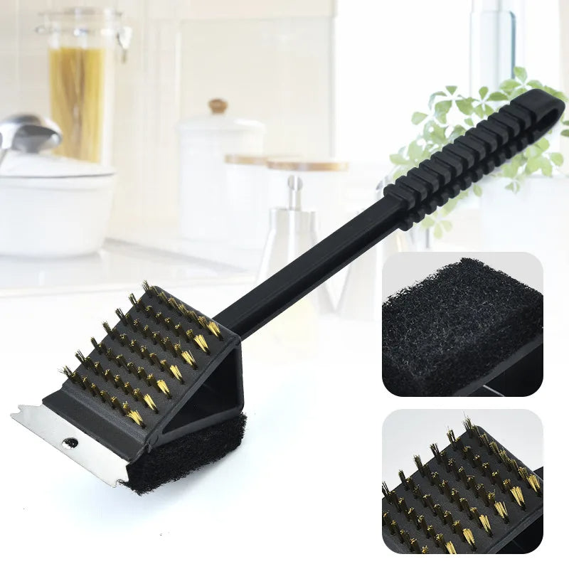 3-in-1 Barbecue Grill Brush with Scraper and Sponge - Clean Grills Fast and Easy