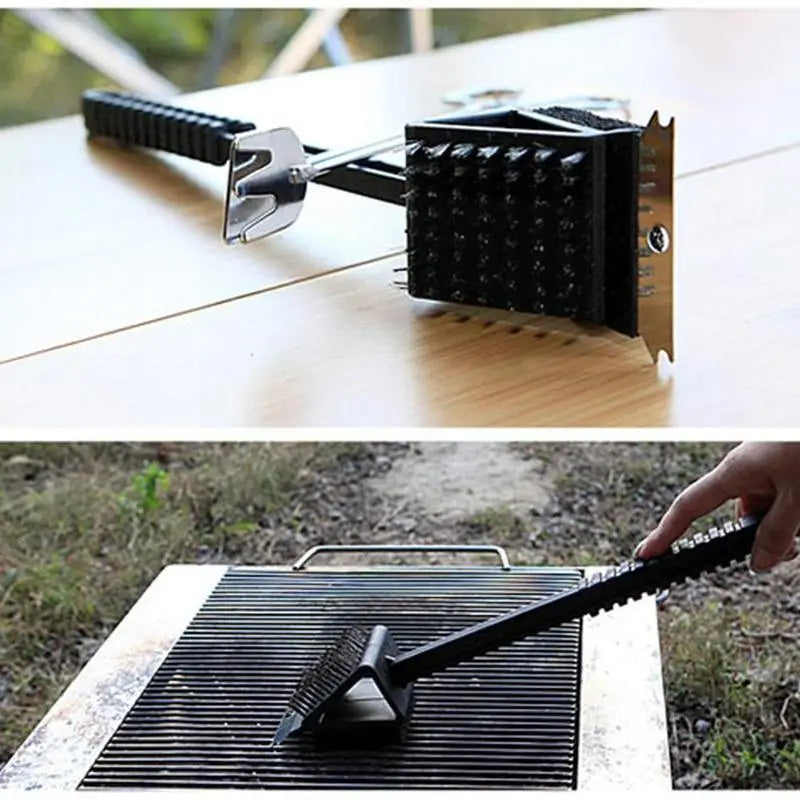 3-in-1 Barbecue Grill Brush with Scraper and Sponge - Clean Grills Fast and Easy