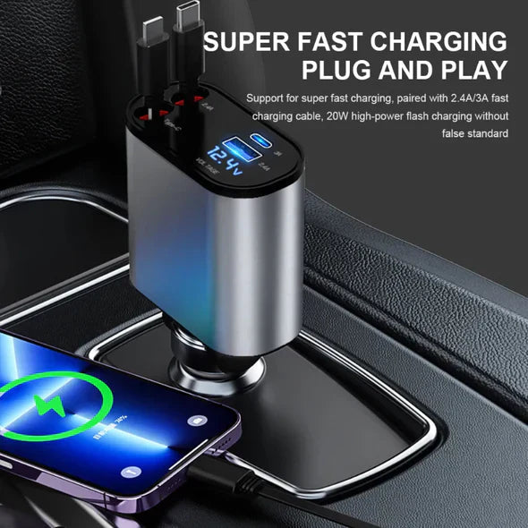 4-in-1 Retractable Car Charger - Multi-Port, On-the-Go Power