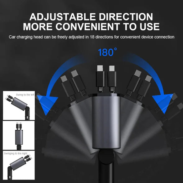 4-in-1 Retractable Car Charger - Multi-Port, On-the-Go Power