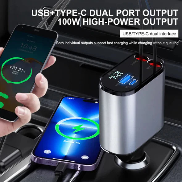 4-in-1 Retractable Car Charger - Multi-Port, On-the-Go Power