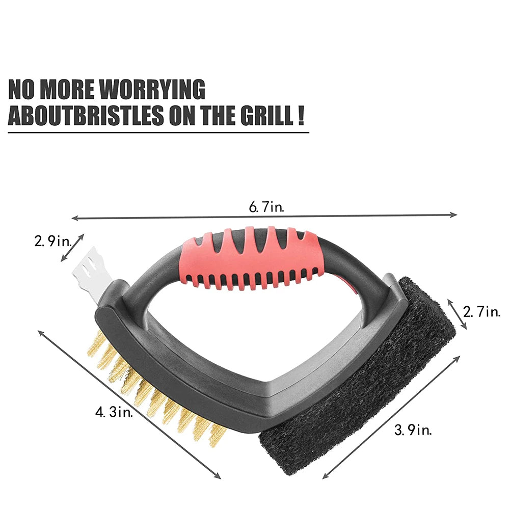 3-in-1 Brass Bristles Grill Brush with Built-In Scraper