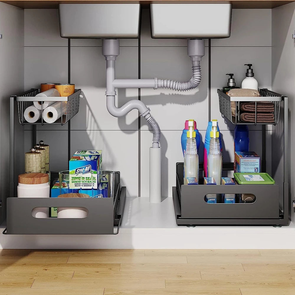 Dual-Tier Slide-Out Under-Sink Organizer for Easy Cabinet Storage