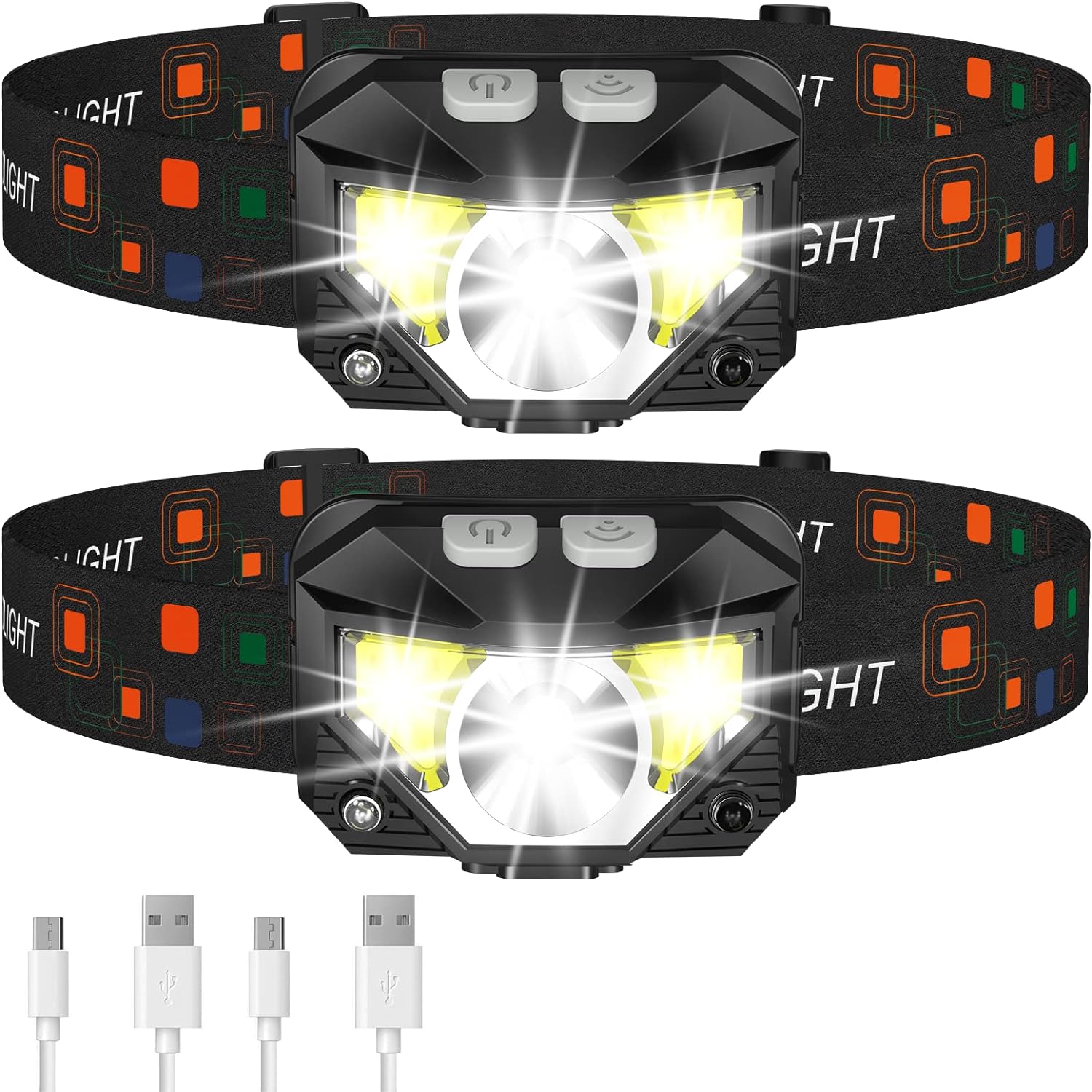 2-Pack Ultra-Bright LED Rechargeable Headlamps with Waterproof Design and Motion Sensor