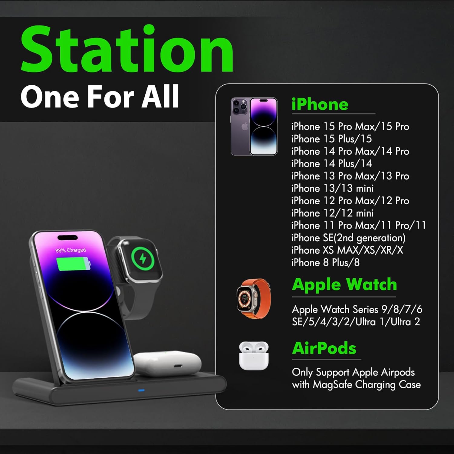 3-in-1 Wireless Fast Charger Stand for iPhone, Apple Watch & AirPods