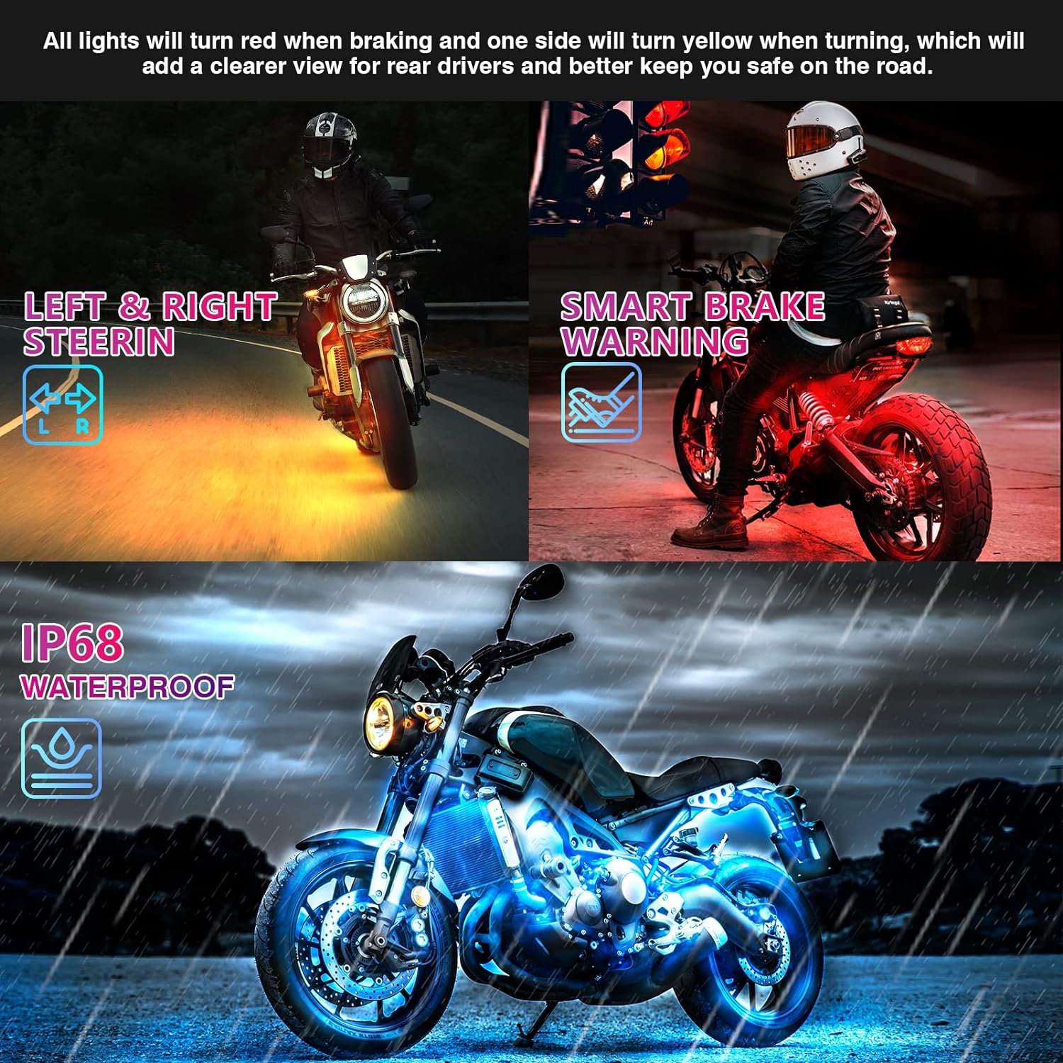 12-Piece Motorcycle LED Light Kit with Brake Light and Turn Signals