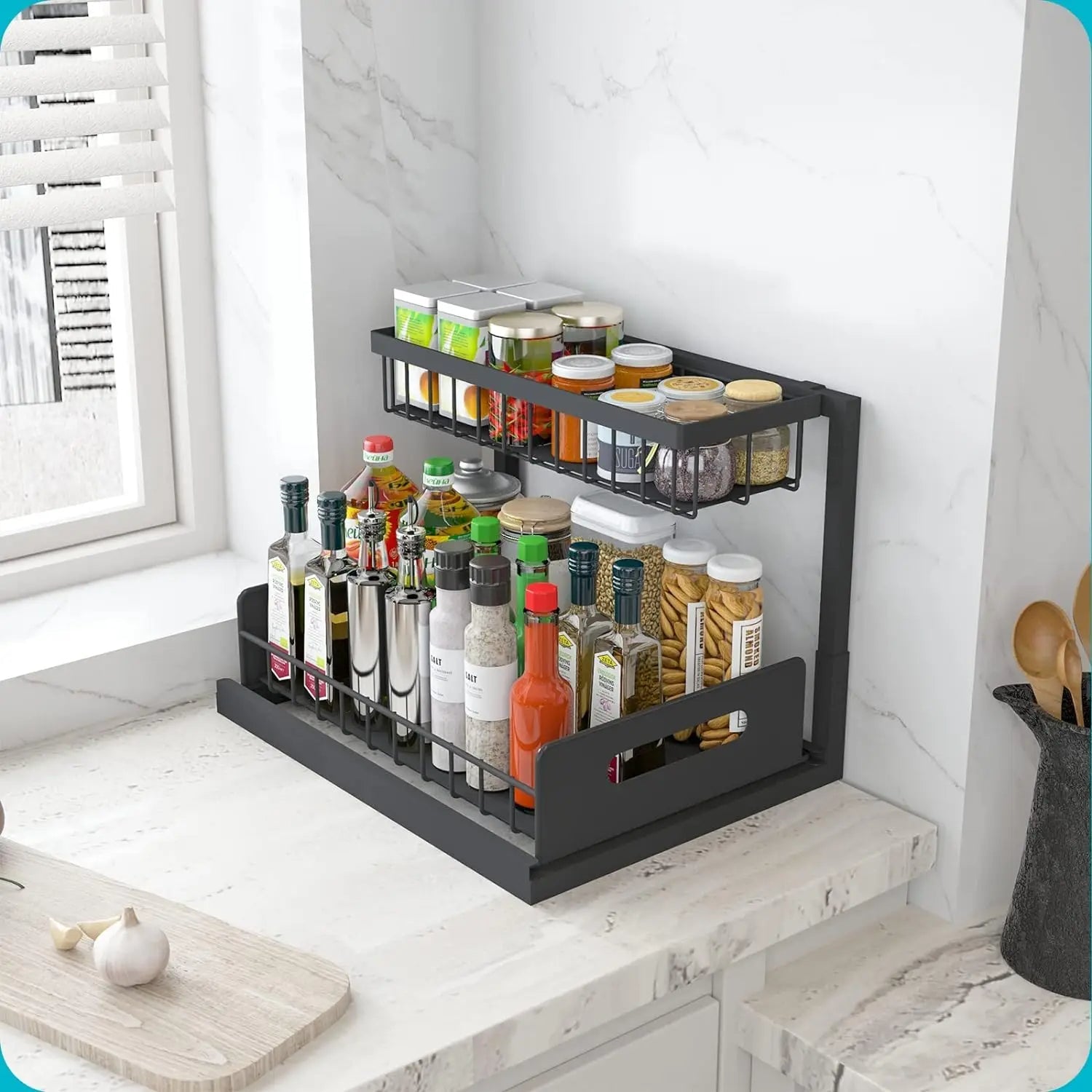 Dual-Tier Slide-Out Under-Sink Organizer for Easy Cabinet Storage