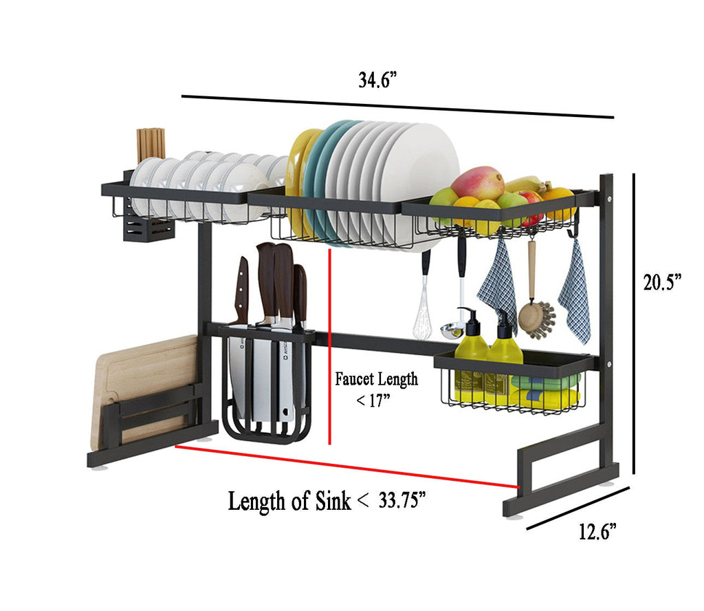 34.6-Inch Black Stainless Steel Over-Sink Dish Drying Rack for Dishes & Utensils