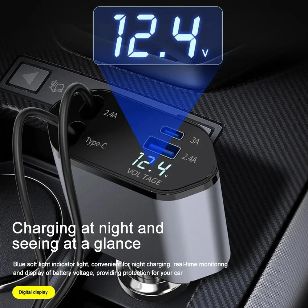 120W Retractable Car Charger - High-Power, Space-Saving In-Car Fast Charging