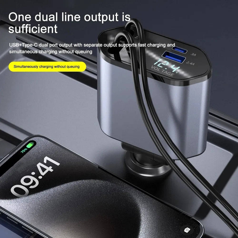 120W Retractable Car Charger - High-Power, Space-Saving In-Car Fast Charging
