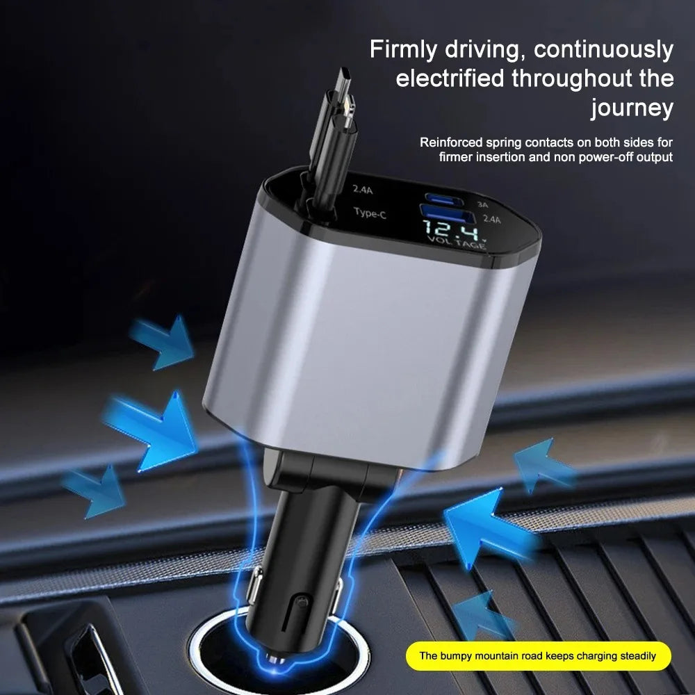 120W Retractable Car Charger - High-Power, Space-Saving In-Car Fast Charging