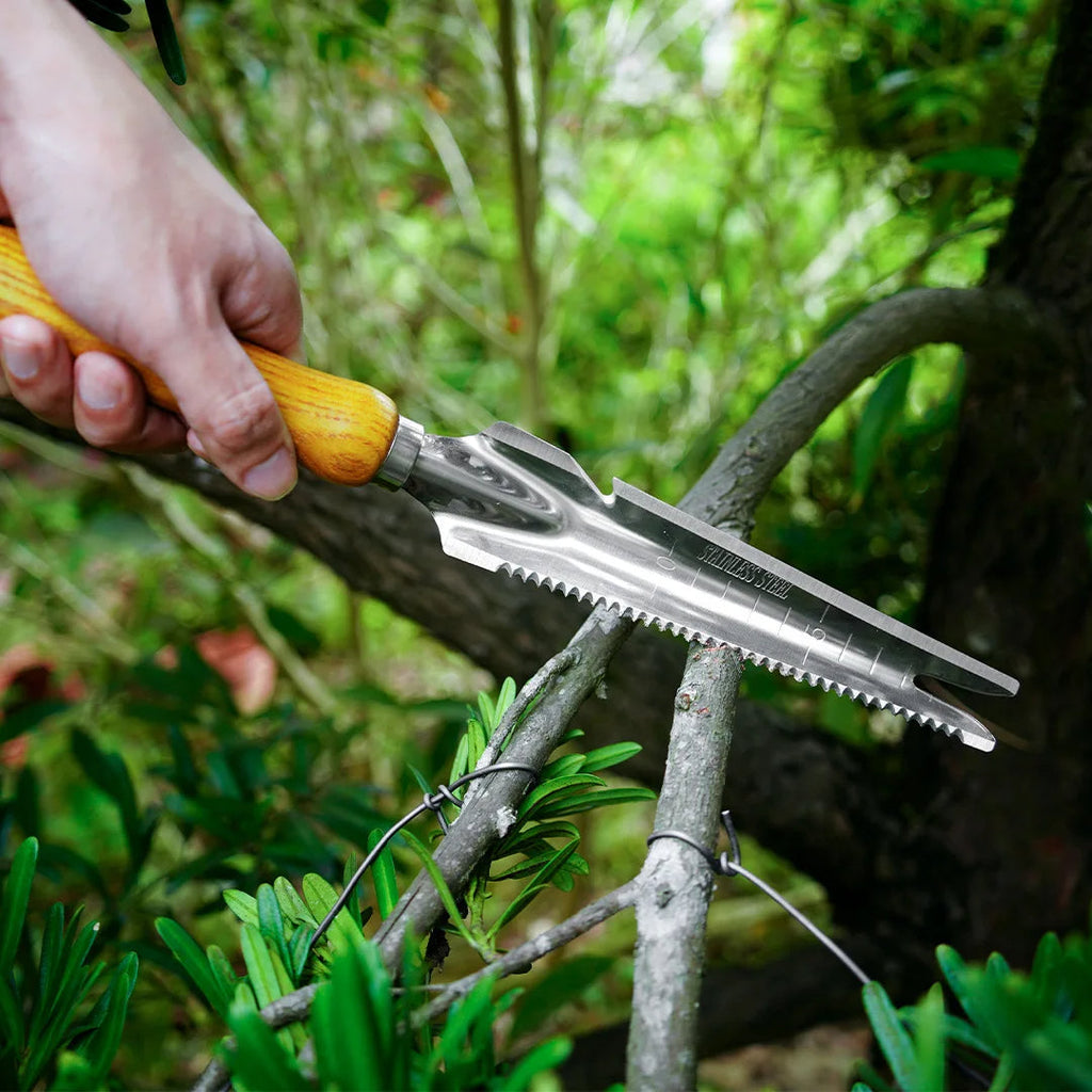 5-in-1 Stainless Steel Weed Puller with Beech Wood Handle – Durable Multi-Tool for Easy Weeding