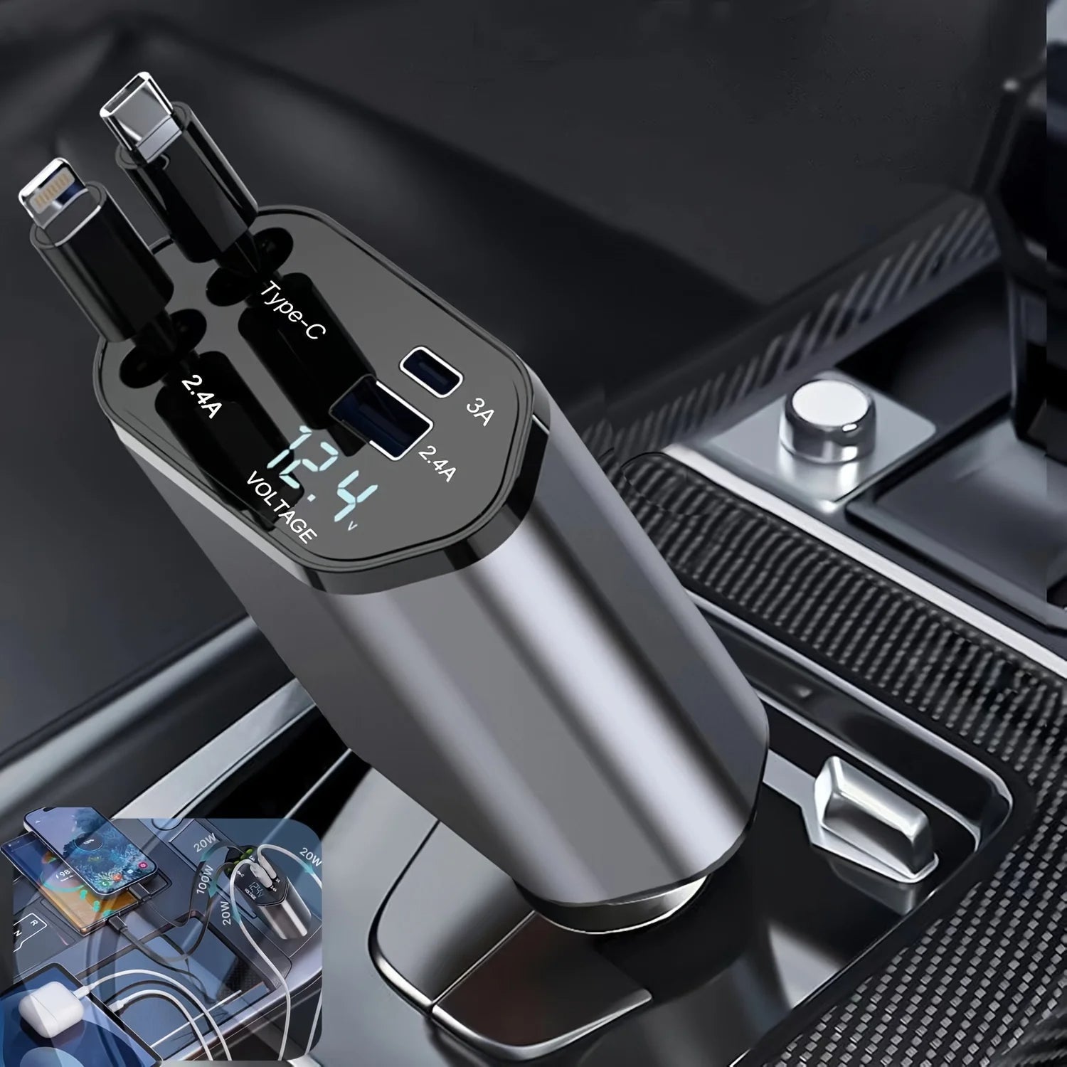 120W Retractable Car Charger - High-Power, Space-Saving In-Car Fast Charging