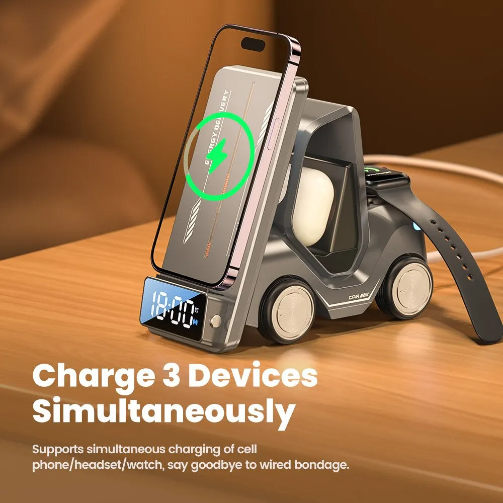 Forklift-Style 5-in-1 Wireless Charger with Alarm Clock and Night Light
