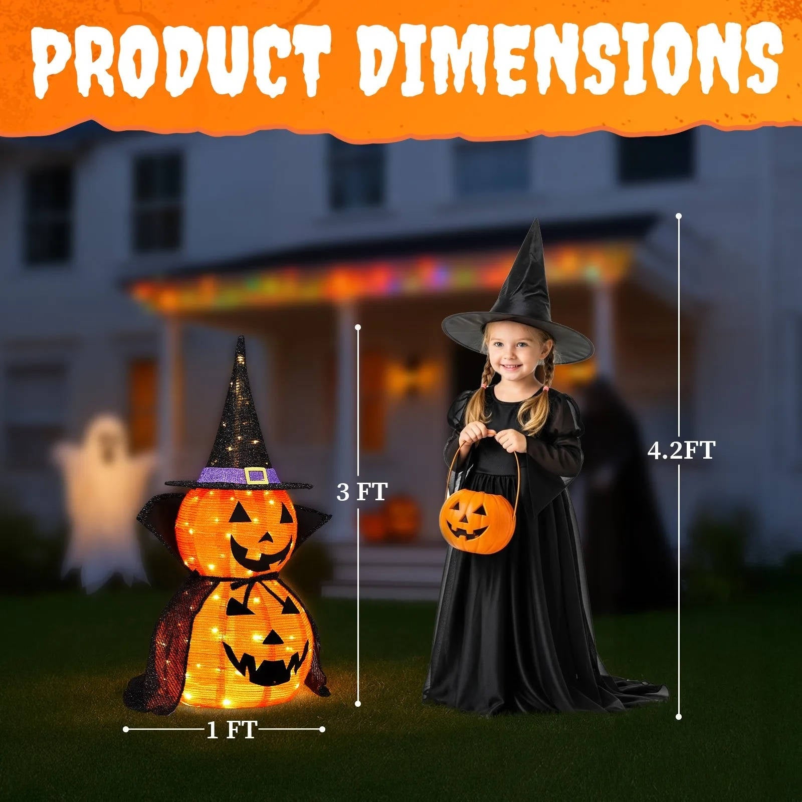 Set of 2 3-Foot Collapsible Lighted Halloween Pumpkin Garden Decorations for Indoor/Outdoor Use