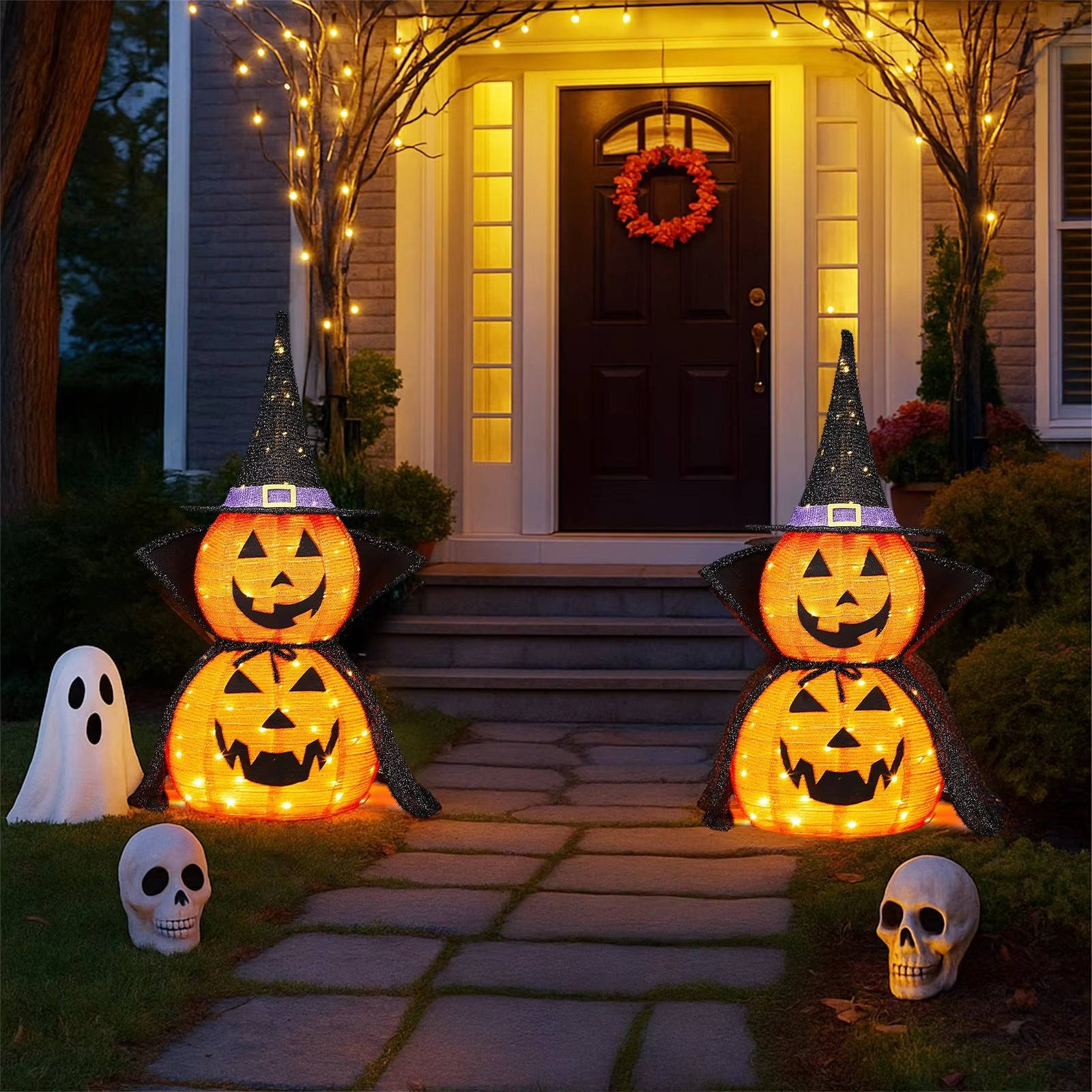 Set of 2 3-Foot Collapsible Lighted Halloween Pumpkin Garden Decorations for Indoor/Outdoor Use