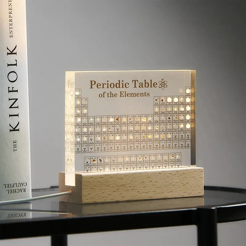 Acrylic Periodic Table Display with Illuminated Wooden Base