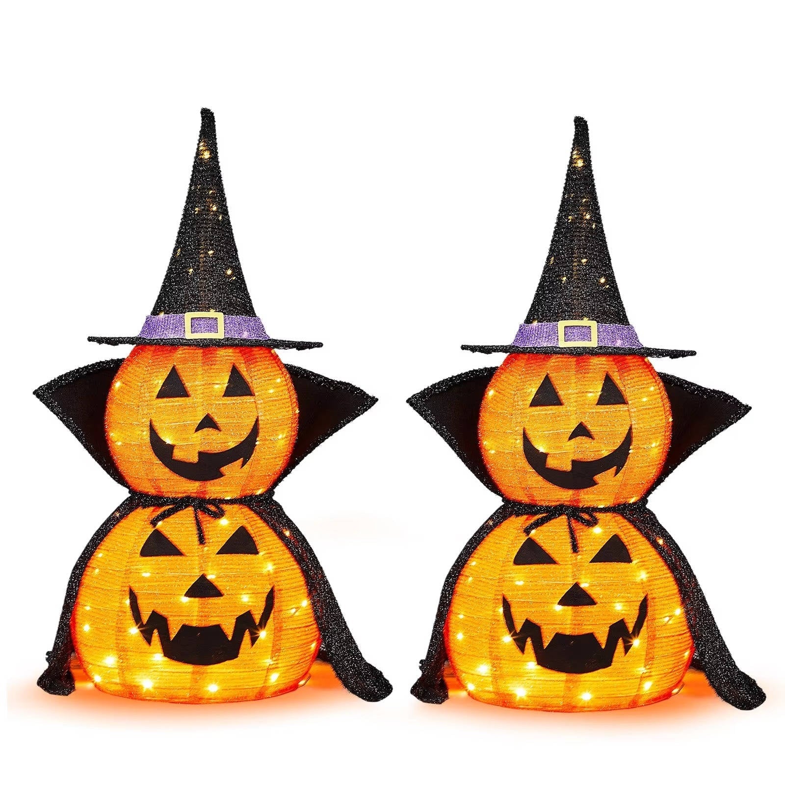 Set of 2 3-Foot Collapsible Lighted Halloween Pumpkin Garden Decorations for Indoor/Outdoor Use