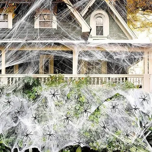 200 Sq Ft Spider Webs Halloween Door Decor Set with Realistic Fake Spiders