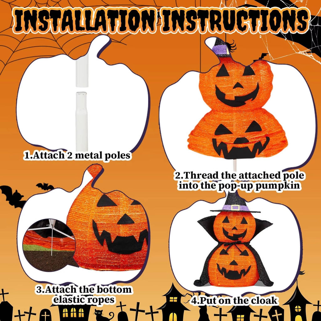 Set of 2 3-Foot Collapsible Lighted Halloween Pumpkin Garden Decorations for Indoor/Outdoor Use