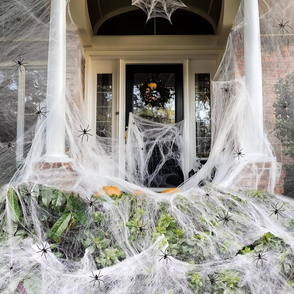 200 Sq Ft Spider Webs Halloween Door Decor Set with Realistic Fake Spiders