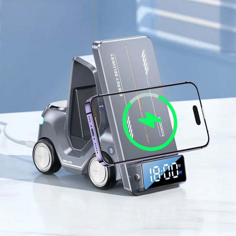 Forklift-Style 5-in-1 Wireless Charger with Alarm Clock and Night Light