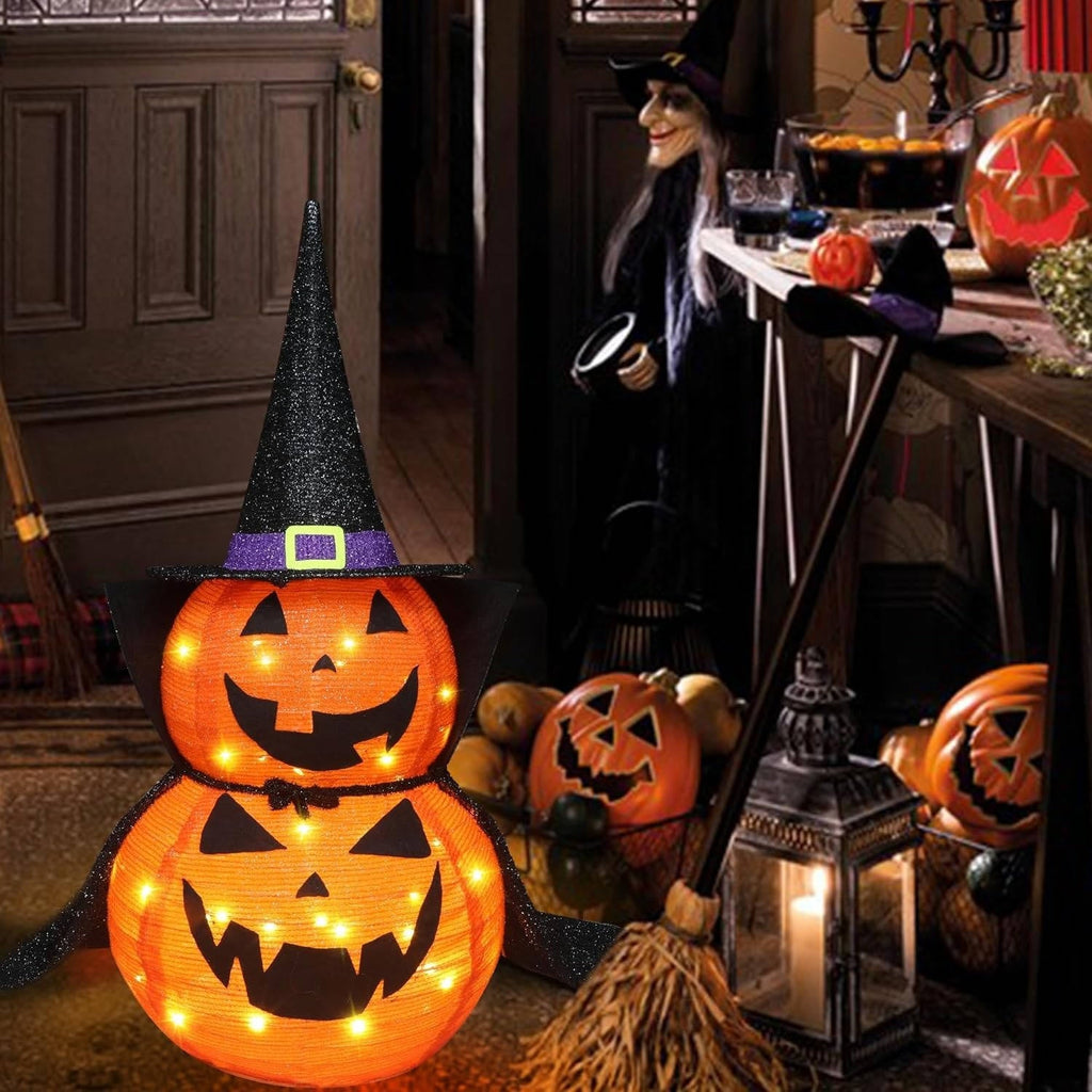Set of 2 3-Foot Collapsible Lighted Halloween Pumpkin Garden Decorations for Indoor/Outdoor Use