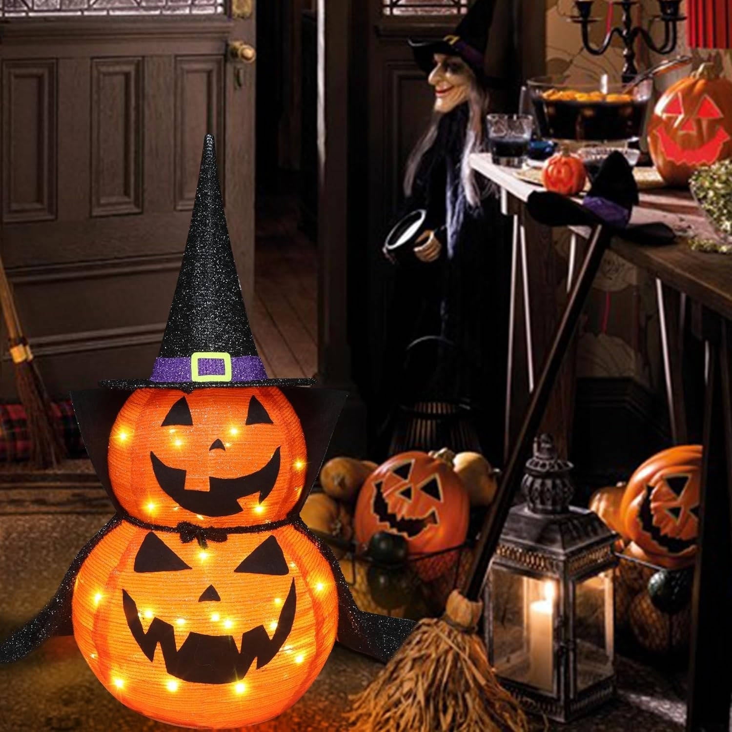 Set of 2 3-Foot Collapsible Lighted Halloween Pumpkin Garden Decorations for Indoor/Outdoor Use