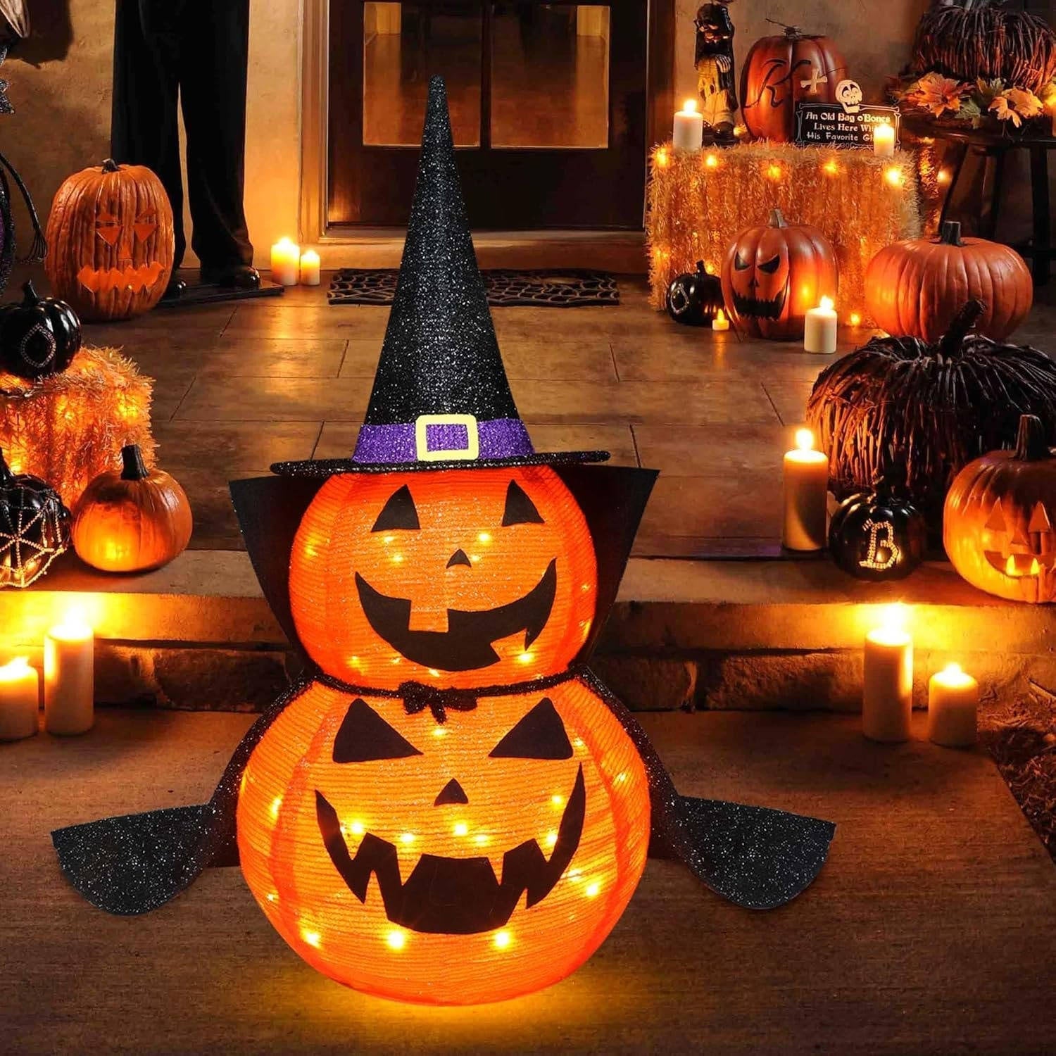 Set of 2 3-Foot Collapsible Lighted Halloween Pumpkin Garden Decorations for Indoor/Outdoor Use