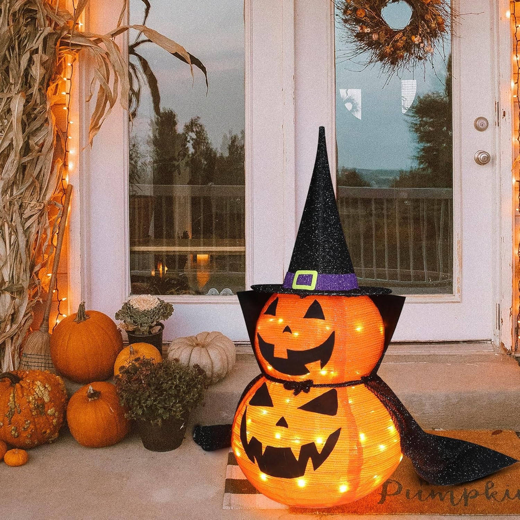Set of 2 3-Foot Collapsible Lighted Halloween Pumpkin Garden Decorations for Indoor/Outdoor Use