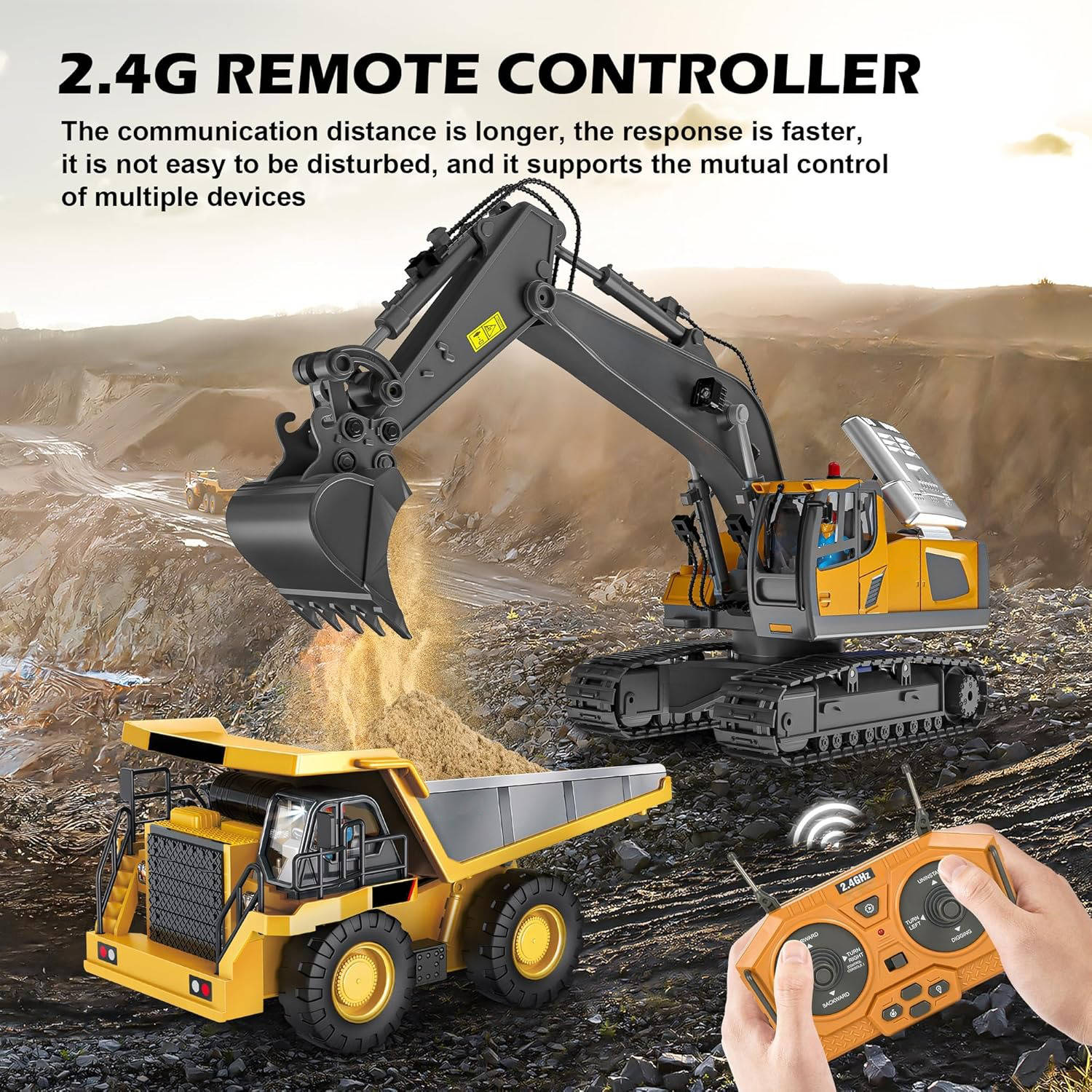 4WD Remote-Control Excavator, Bulldozer & Dump Truck – All-in-One RC Construction Vehicle