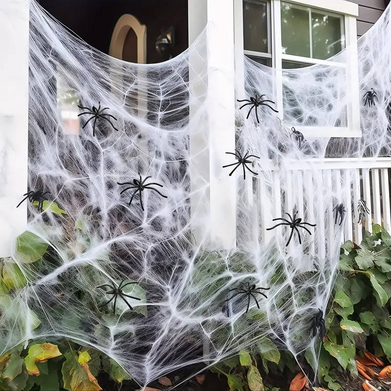 200 Sq Ft Spider Webs Halloween Door Decor Set with Realistic Fake Spiders