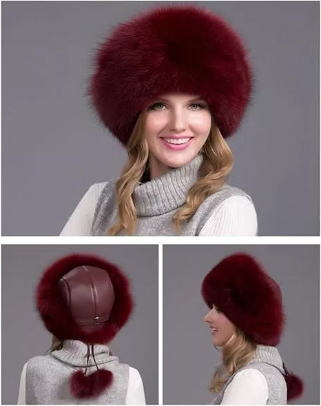100% Natural Fox Fur Hat for Women - Thick Winter Fur Cap with Earmuffs, Warm and Fashionable