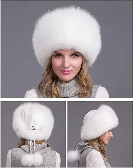 100% Natural Fox Fur Hat for Women - Thick Winter Fur Cap with Earmuffs, Warm and Fashionable