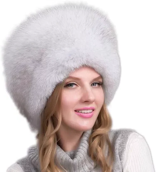 100% Natural Fox Fur Hat for Women - Thick Winter Fur Cap with Earmuffs, Warm and Fashionable