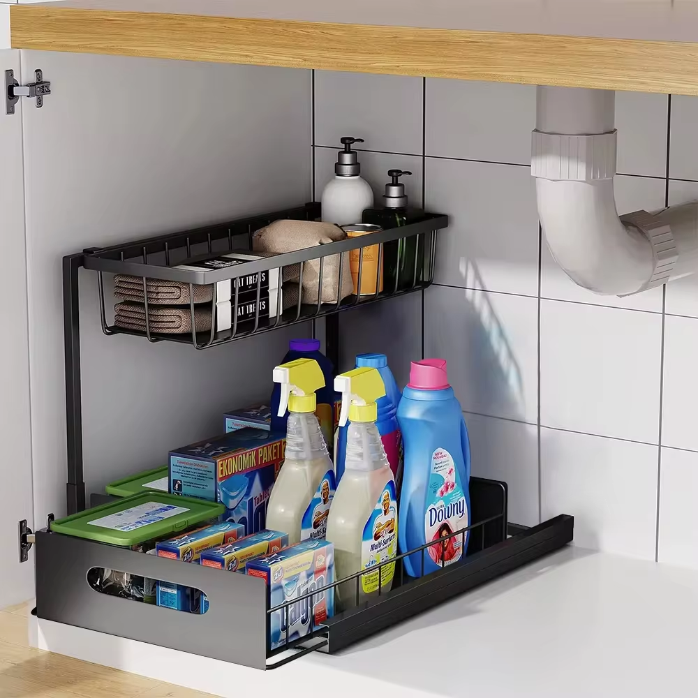 Dual-Tier Slide-Out Under-Sink Organizer for Easy Cabinet Storage